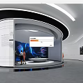Modern Exhibition Hall With Curved Structure Digital Screen And Visitors