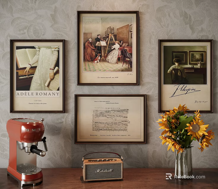Abstract Paintings Display With Red Coffee Machine Vintage Radio And Sunflowers Vase 3d model 
