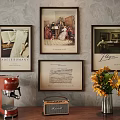 Abstract Paintings Display With Red Coffee Machine Vintage Radio And Sunflowers Vase