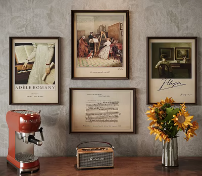 Abstract Paintings Display With Red Coffee Machine Vintage Radio And Sunflowers Vase 3d model