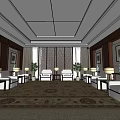 Elegant Hotel Public Lounge With White Sofas Wooden Decor Area Rug And Wall Paintings