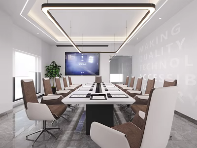 Modern Conference Room With Long Conference Table White Brown Chairs Projector Screen And Pendant Lights 3d model