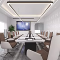 Modern Conference Room With Long Conference Table White Brown Chairs Projector Screen And Pendant Lights
