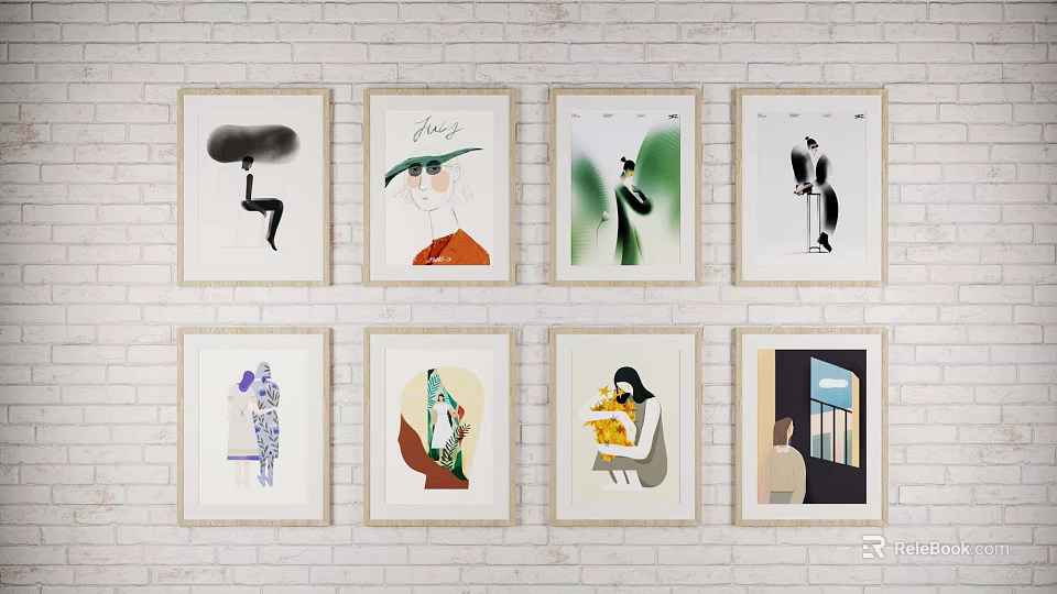 Framed Art Prints Wall Decor With Various Abstract Designs On White Brick 3d model