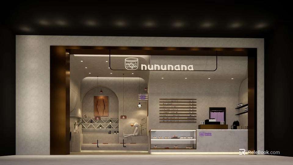 Nununana Milk Tea Shop Storefront With Modern Interior Counter And Display Shelves 3d model 