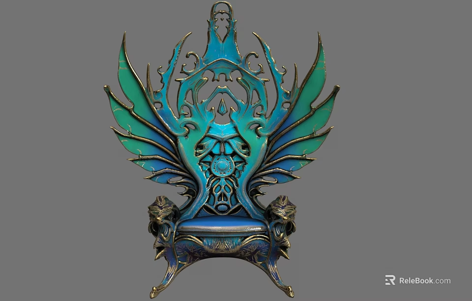 Ornate Chair With Green Winged Back Blue Body And Lion Head Base 3d model 