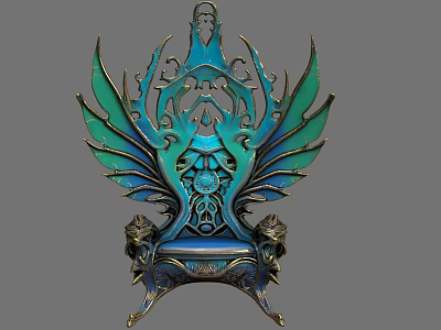 Ornate Chair With Green Winged Back Blue Body And Lion Head Base 3d model