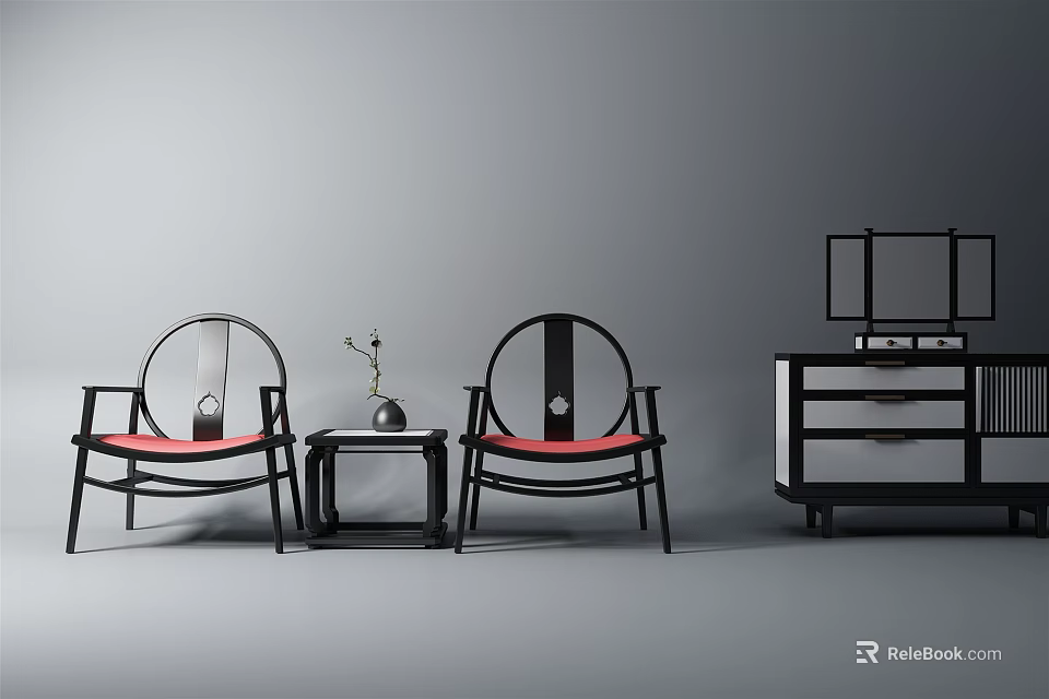 Modern Stylish Table and Chair Set With Round Back Red Cushions And Square Table 3d model