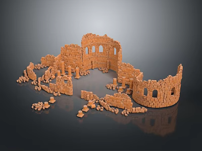 Detailed Ancient Brick Ruins With Circular Arches Walls And Scattered Bricks 3d model