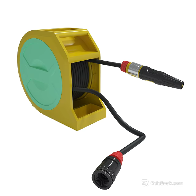 Yellow Cable Reel With Green Cover And Black Cable Connectors 3d model