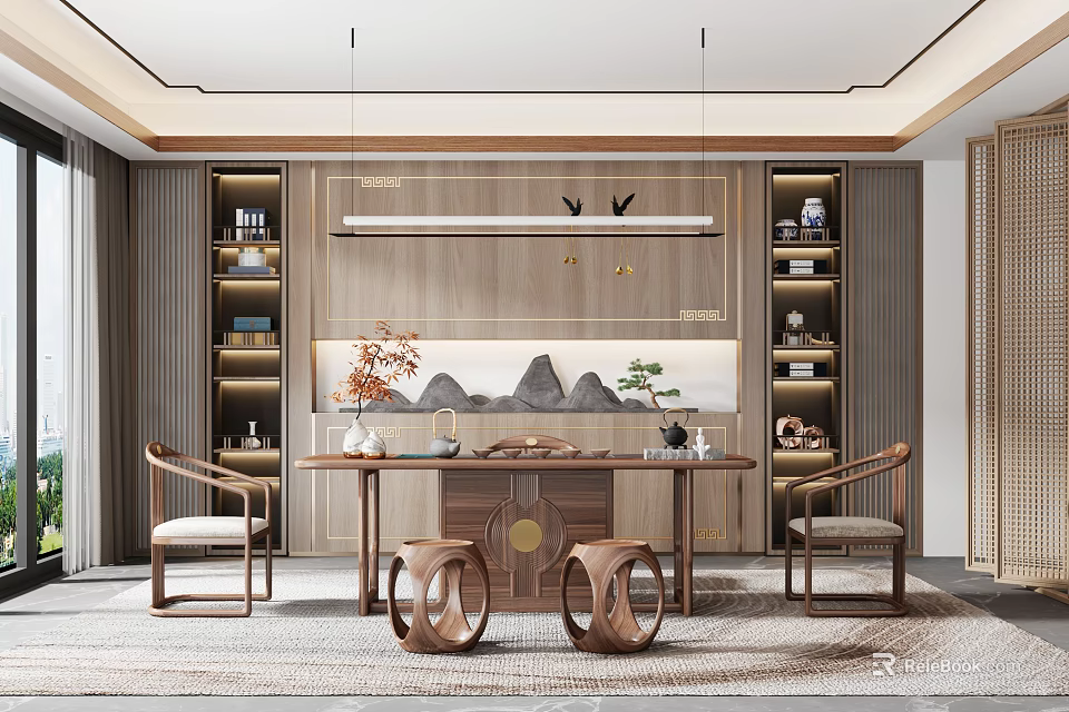 Traditional Tea Room Interior With Wooden Table Chairs Mountain Landscape Painting And Decorative Shelves 3d model 
