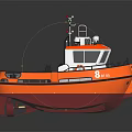 Orange and Red Tugboat with Green Deck Cabin and Mast Equipment