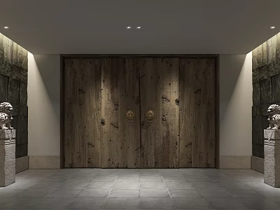 Shop Front Desk With Wooden Door Stone Pillars Decorative Flowers Gray Tile Floor And Downlights 3d model