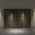 Shop Front Desk With Wooden Door Stone Pillars Decorative Flowers Gray Tile Floor And Downlights