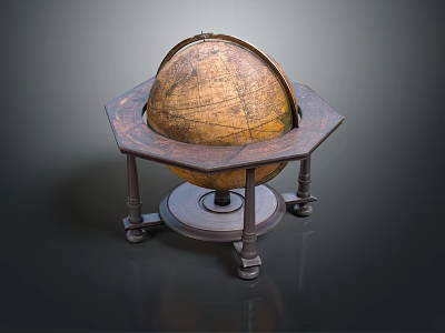 Vintage Globe On Hexagonal Wooden Stand With Ornate Detailed Base 3d model