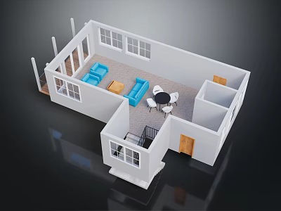 Cartoon Interior Scene With Room Layout Blue Sofas Orange Chairs And Round Dining Table 3d model