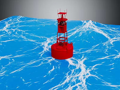 Red Lighthouse Inspired Decorative Furniture Piece With Blue Wave Patterns 3d model