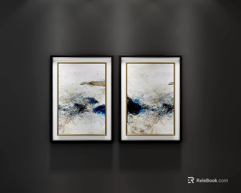 Two Framed Modern Abstract Paintings With Blue White Black Hues On Dark Wall 3d model 
