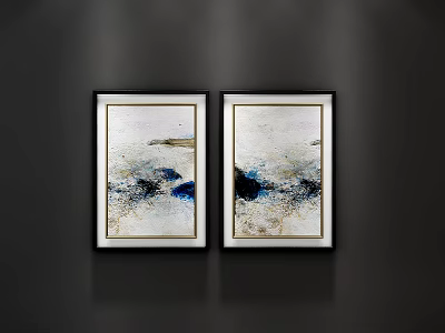 Two Framed Modern Abstract Paintings With Blue White Black Hues On Dark Wall 3d model
