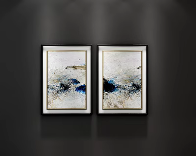 Two Framed Modern Abstract Paintings With Blue White Black Hues On Dark Wall 3d model