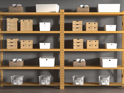 Multi Tiered Metal Display Shelves With Cardboard White Boxes Wicker Storage Baskets Against Gray Wall 3d model