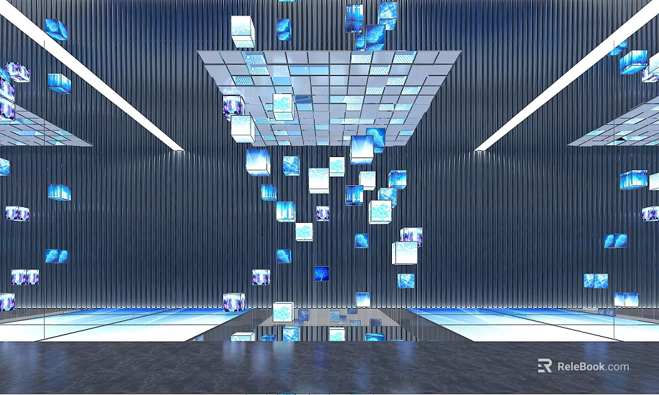 Modern Interior Featuring Floating Blue Cubes Vertical Striped Walls And Grid Ceiling 3d model 