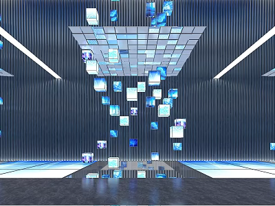 Modern Interior Featuring Floating Blue Cubes Vertical Striped Walls And Grid Ceiling 3d model
