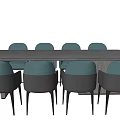 Modern Dining Table Set With Long Wooden Table And Blue Backrest Dark Leg Chairs