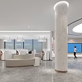 Modern Bank Lobby Interior With Open Space Marble Columns Sofas TV Screen And Person 3d model
