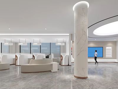 Modern Bank Lobby Interior With Open Space Marble Columns Sofas TV Screen And Person 3d model