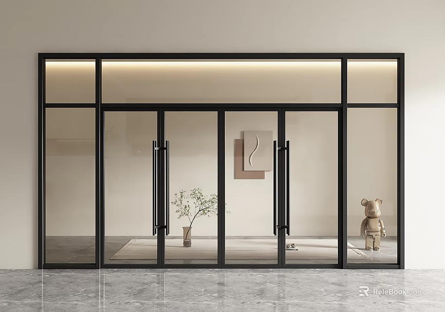 Modern Glass Double Doors With Black Frame Potted Plant And Decorative Bear 3d model 