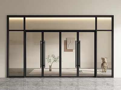 Modern Glass Double Doors With Black Frame Potted Plant And Decorative Bear 3d model