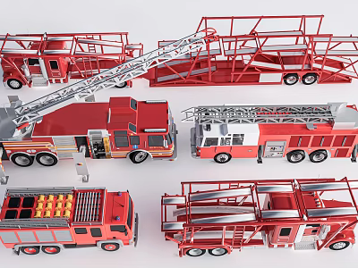 Red Fire Trucks In Various Styles With Ladders And Equipment Displayed 3d model