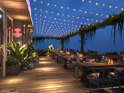 Cozy Outdoor Bar With Wooden Deck String Lights Green Plants And Neon Sign 3d model