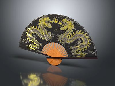 Decorative Fan Pendant With Black Background And Yellow Gray Dragon Patterns And Orange Ribs 3d model