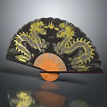 Decorative Fan Pendant With Black Background And Yellow Gray Dragon Patterns And Orange Ribs