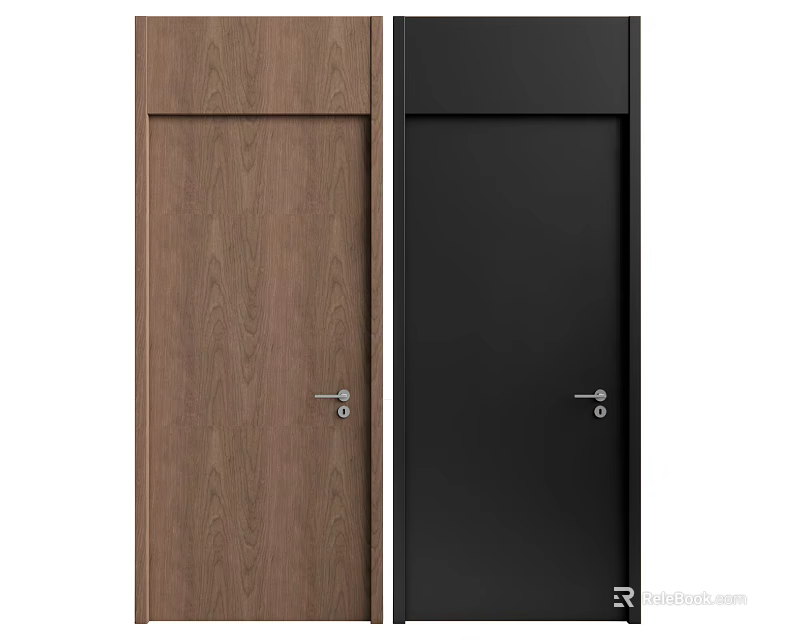 Modern Hinged Doors in Wood Grain Brown and Black with Silver Hardware 3d model 