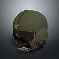 Green Military Weapon Helmet Featuring Transparent Visor And Metal Components For Tactical Gear
