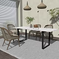 Modern Dining Table Set with White Surface Black Legs Light Chairs and Golden Pendant Lights
