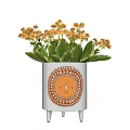 White Vase With Sun Face Design Featuring Yellow Flowers And Green Leaves