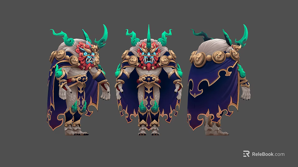 Mythical Man With Green Horns Red Face Blue Cape Golden Decorations Three Angles Character Design 3d model 