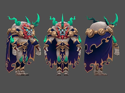 Mythical Man With Green Horns Red Face Blue Cape Golden Decorations Three Angles Character Design 3d model