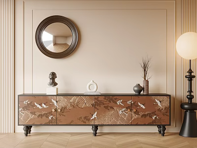 Elegant Brown TV Stand With Crane Patterns Decorative Statue Vase And Round Mirror On Wooden Floor 3d model