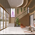 Elegant Shop Front Desk With Wavy Wooden Ceiling Gold Accents Sofa Area And Green Plant
