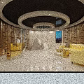 Modern Luxury Front Desk Reception Area With Yellow Sofas Wooden Decor Circular Ceiling And Chandelier