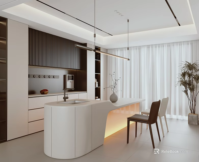 Modern Restaurant Kitchen With Open Design White Island Black Cabinets Pendant Lights Chairs And Potted Plant 3d model 