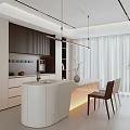 Modern Restaurant Kitchen With Open Design White Island Black Cabinets Pendant Lights Chairs And Potted Plant