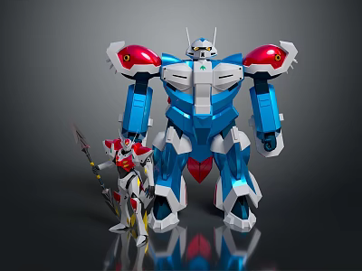 Large Blue Robot With Red Shoulders And Small Red Robot Holding Weapon 3d model