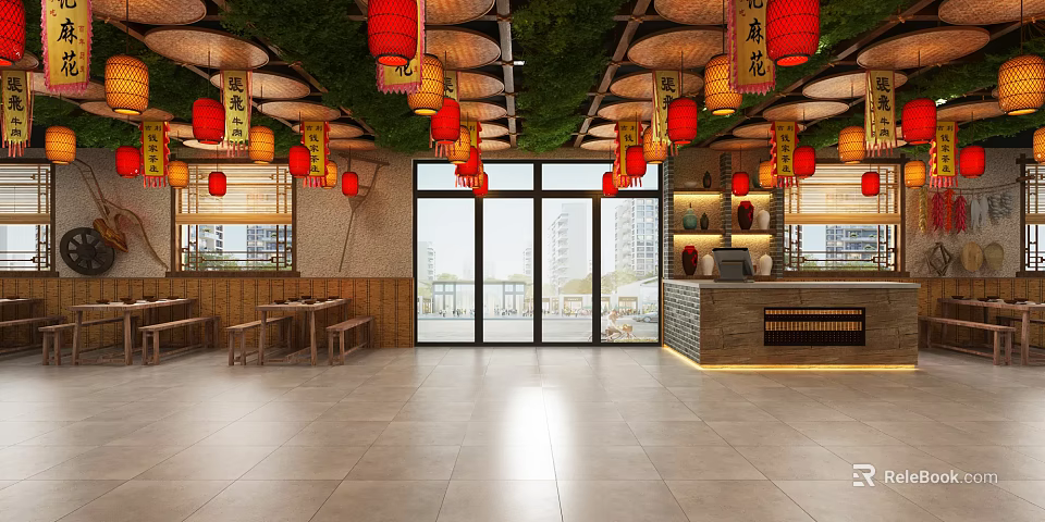 Traditional Restaurant Interior With Red Lanterns Greenery Ceiling Wooden Furniture Large Glass Doors And Counter 3d model 