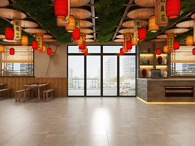 Traditional Restaurant Interior With Red Lanterns Greenery Ceiling Wooden Furniture Large Glass Doors And Counter 3d model